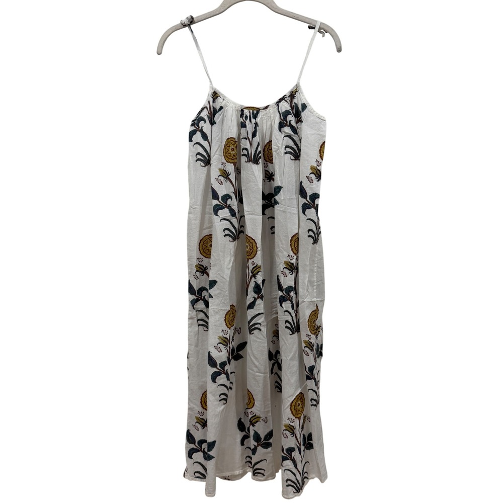 Scarlette Pop Up Floral Block Print Cotton Midi Dress White Mustard Teal Boho